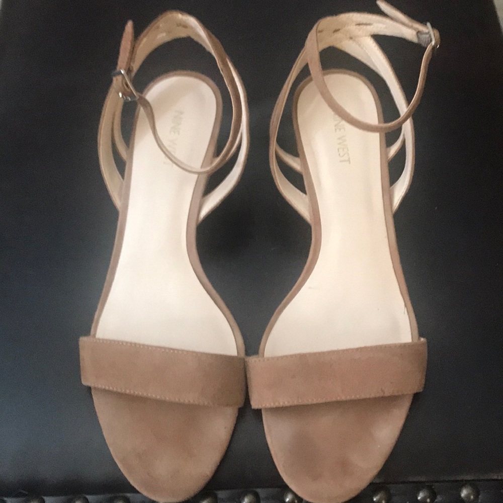 Suede tan sandals less than 2 in heel